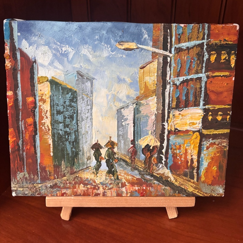 Urban Street Scene textured, impasto with figures holding umbrellas. Canvas  Art